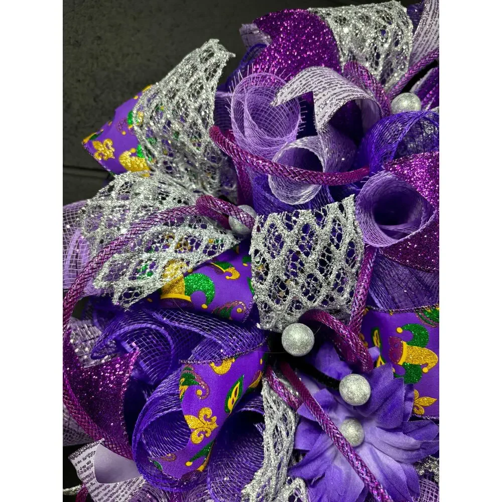 Large Handmade Mardi Gras Front Door Wreath Purple Silver Deco Mesh 22 Inch